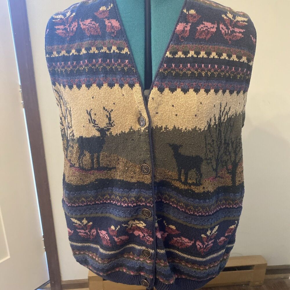 Northern Treasures Women's Button Front Knit Sweater Vest Large Blue Deer Floral